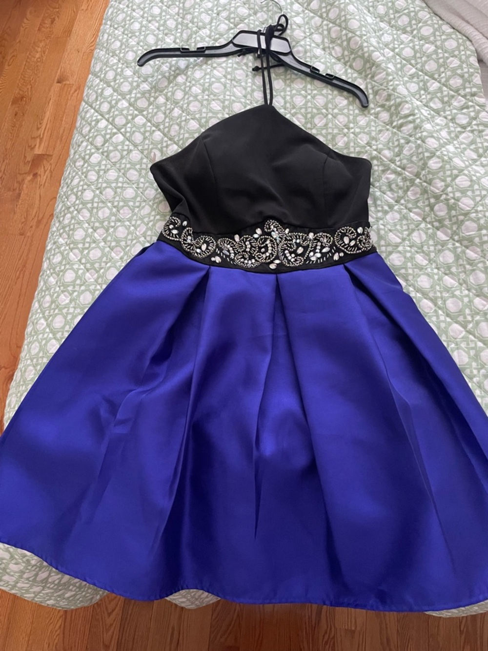 Symphony Black & Royal Blue Halter Embellished Mini Dress